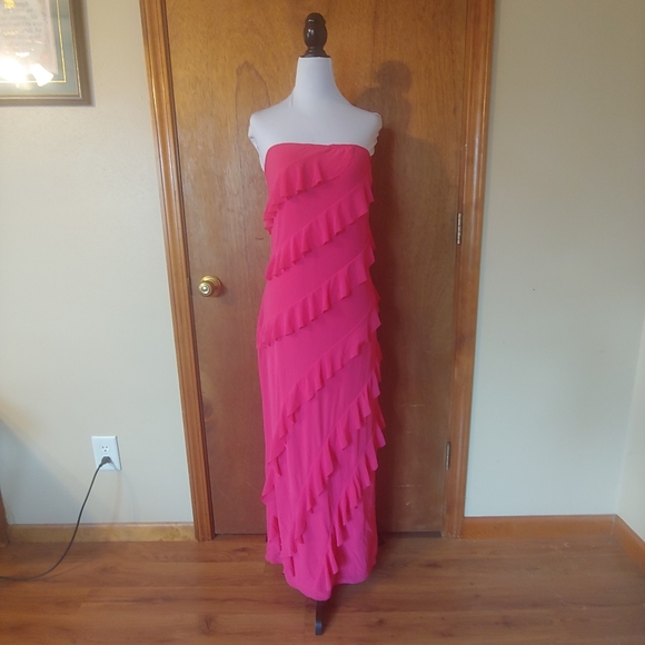 NWT BTFBM Hot Pink Strapless Tube Ruffle Frill Mesh Bodycon Long Maxi Dress XXL - Picture 3 of 13